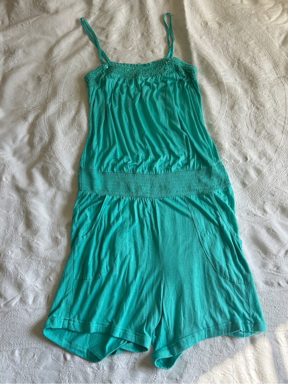 Turquoise Sequined Spaghetti Strap Romper